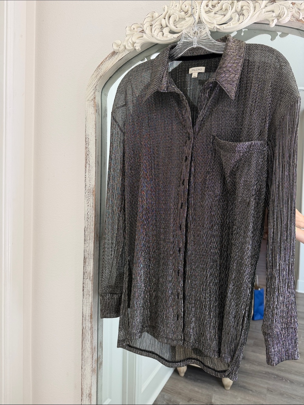 Anthropology Metallic silver Button-Up Shirt-Women’s